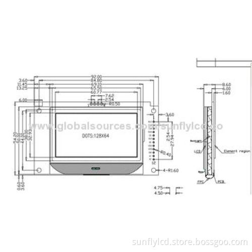 128x64 Graphic LCD Module Display, White Backlight, STN/Blue/Negative, 3.3V, LCD Display